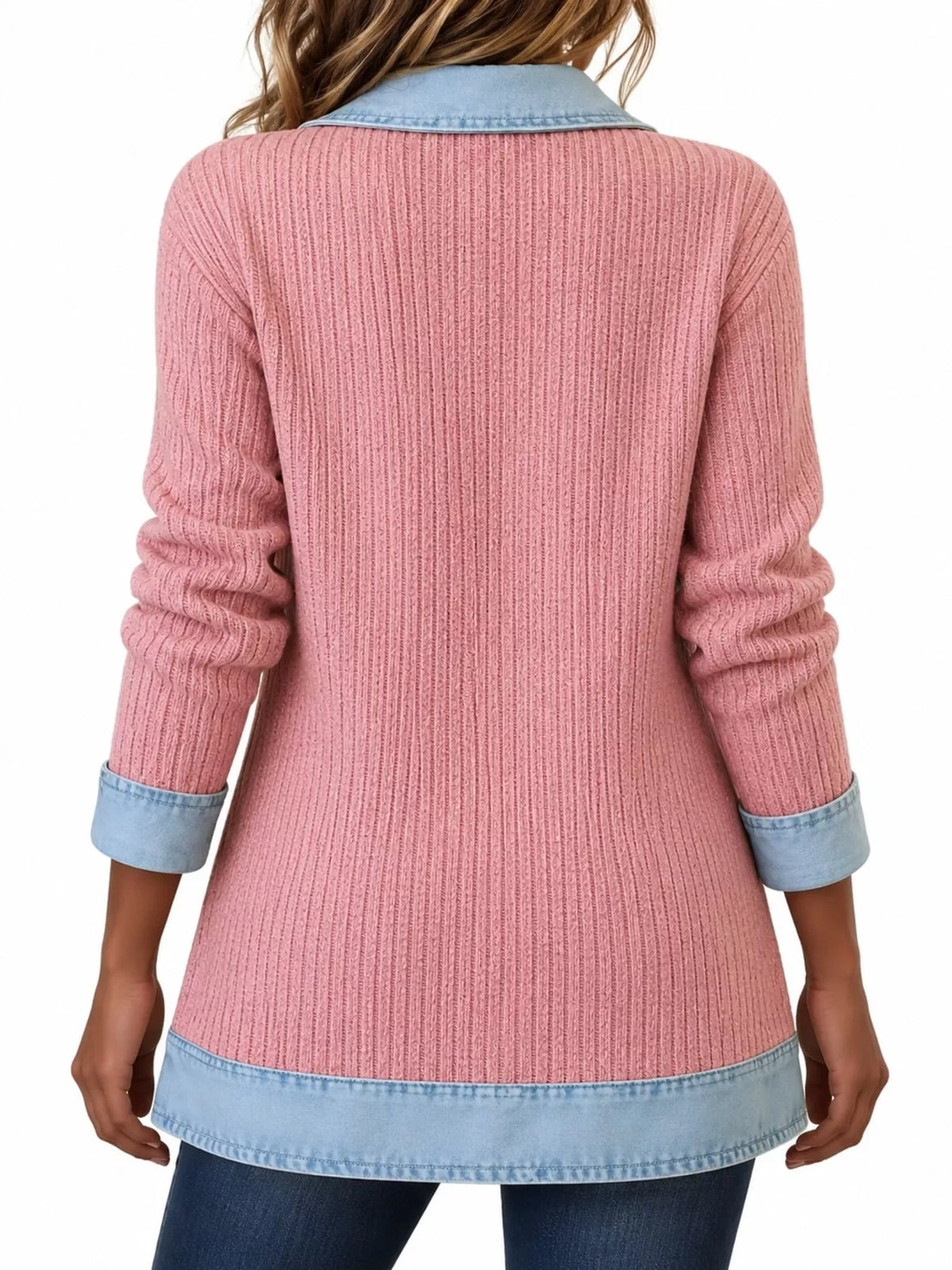 Pink denim trim ribbed knit cardigan, back view