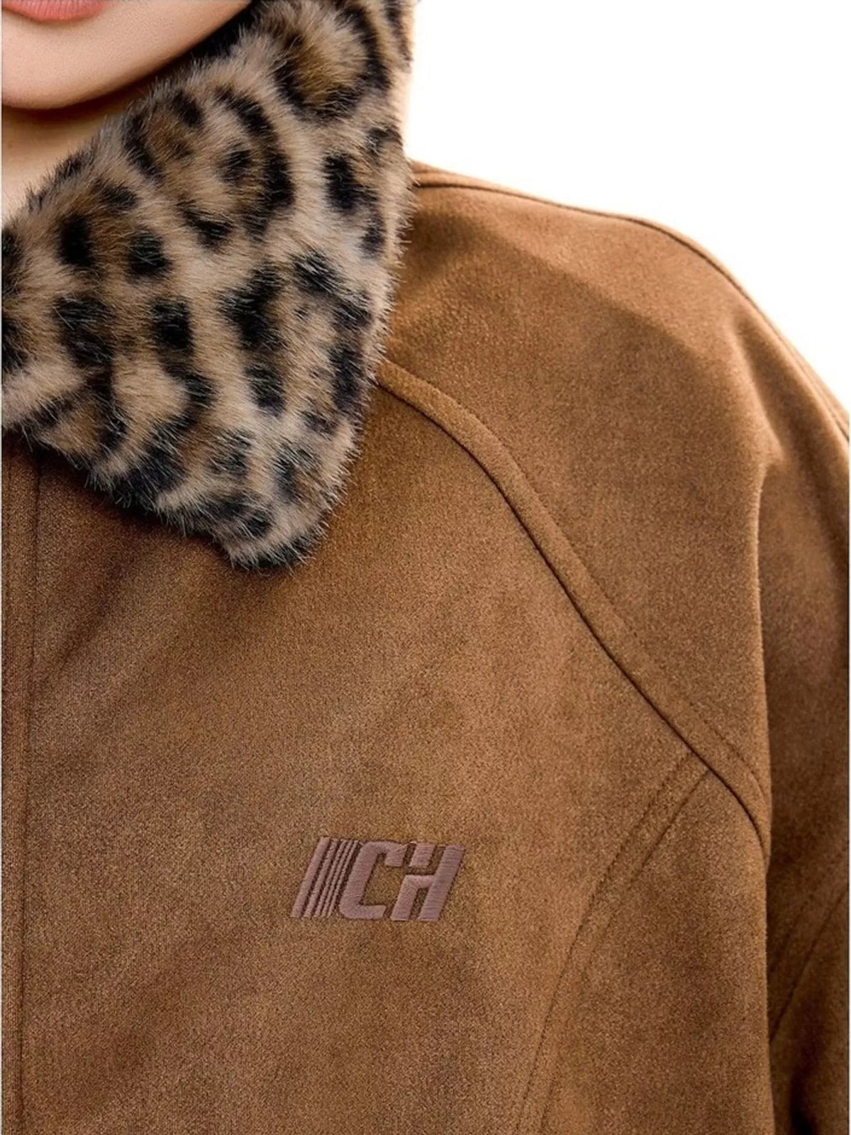Brown faux fur collar zip up jacket, detail view