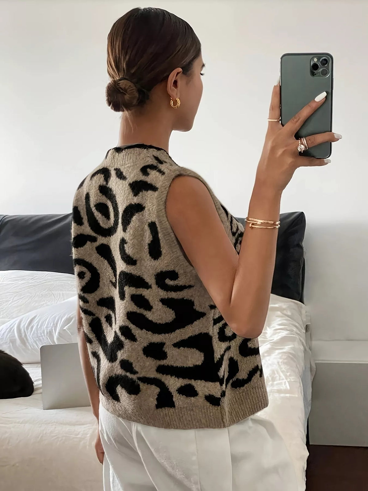 Taupe Leopard Scalloped Edge Button-Down Sweater Vest back view