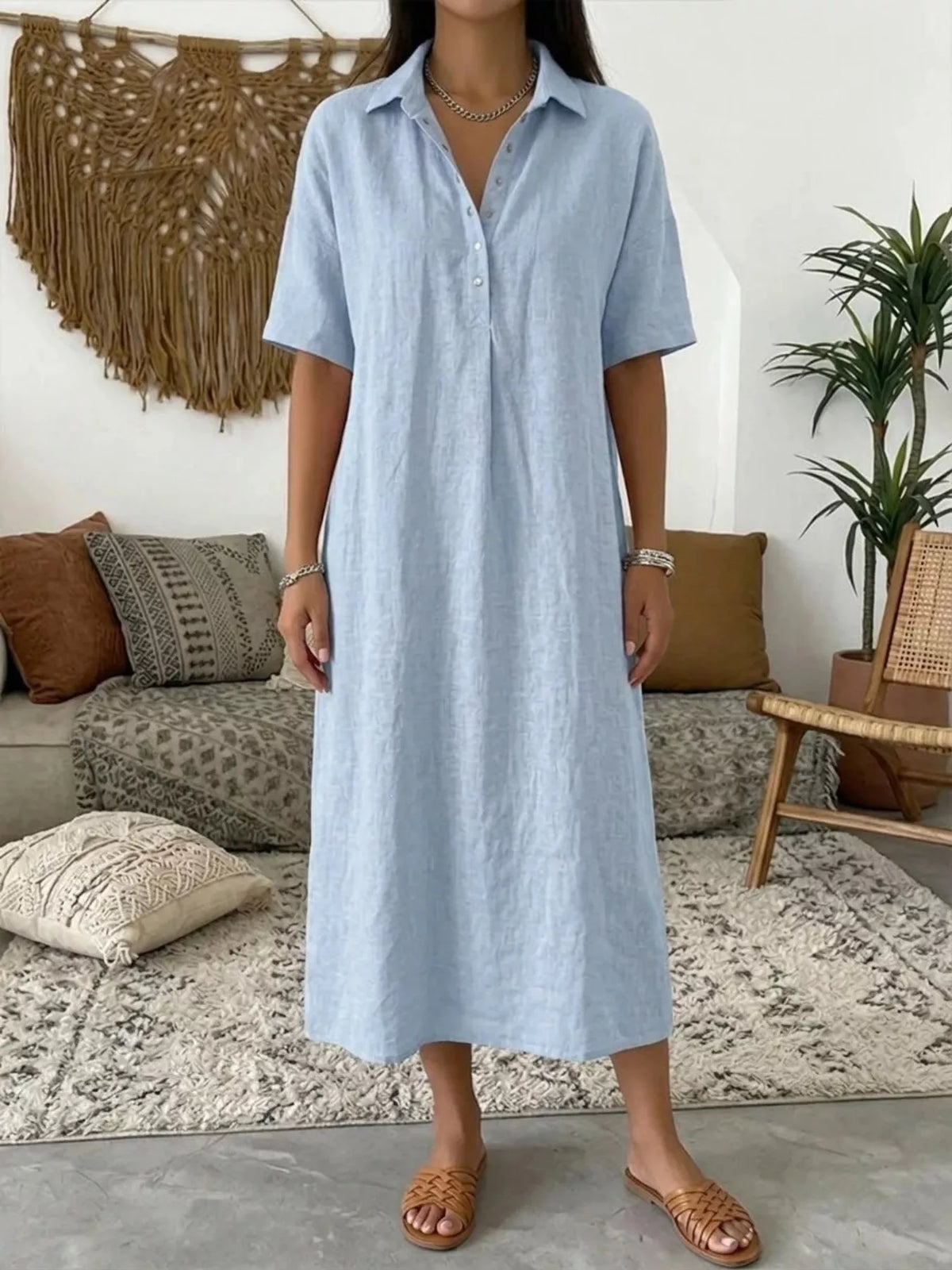 Light Blue Button-Front Short Sleeve Midi Shirt Dress front view