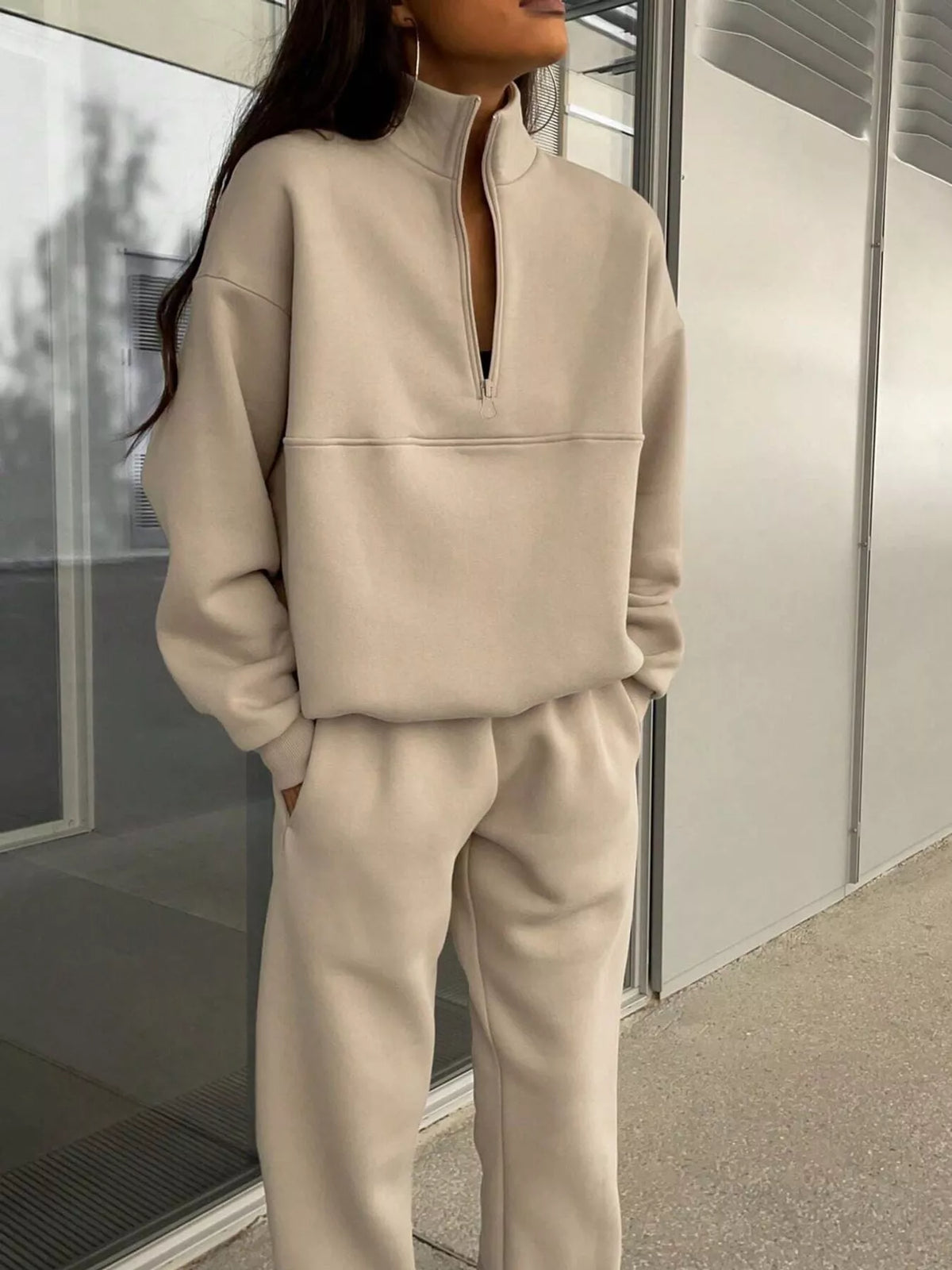 Half-zip top and pants set, beige front