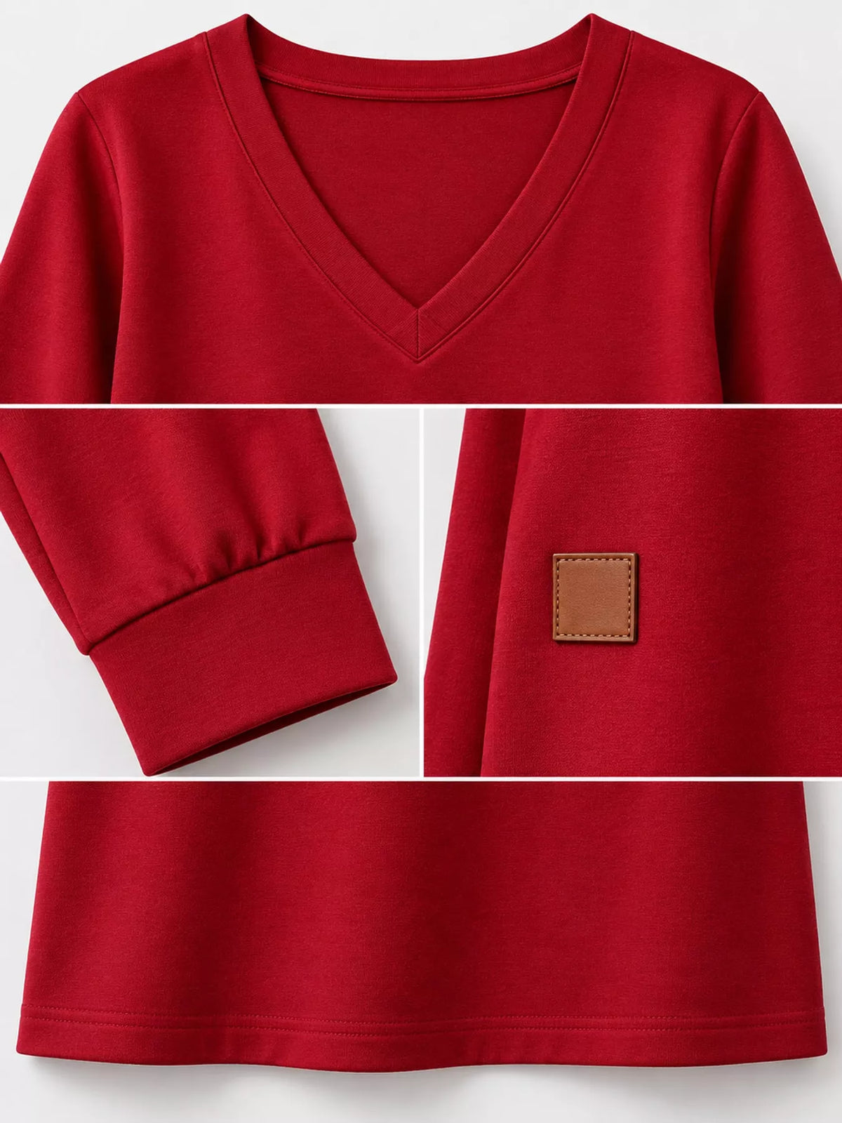 Women's V-Neck Long Sleeve Midi Dress in red — detail collage view