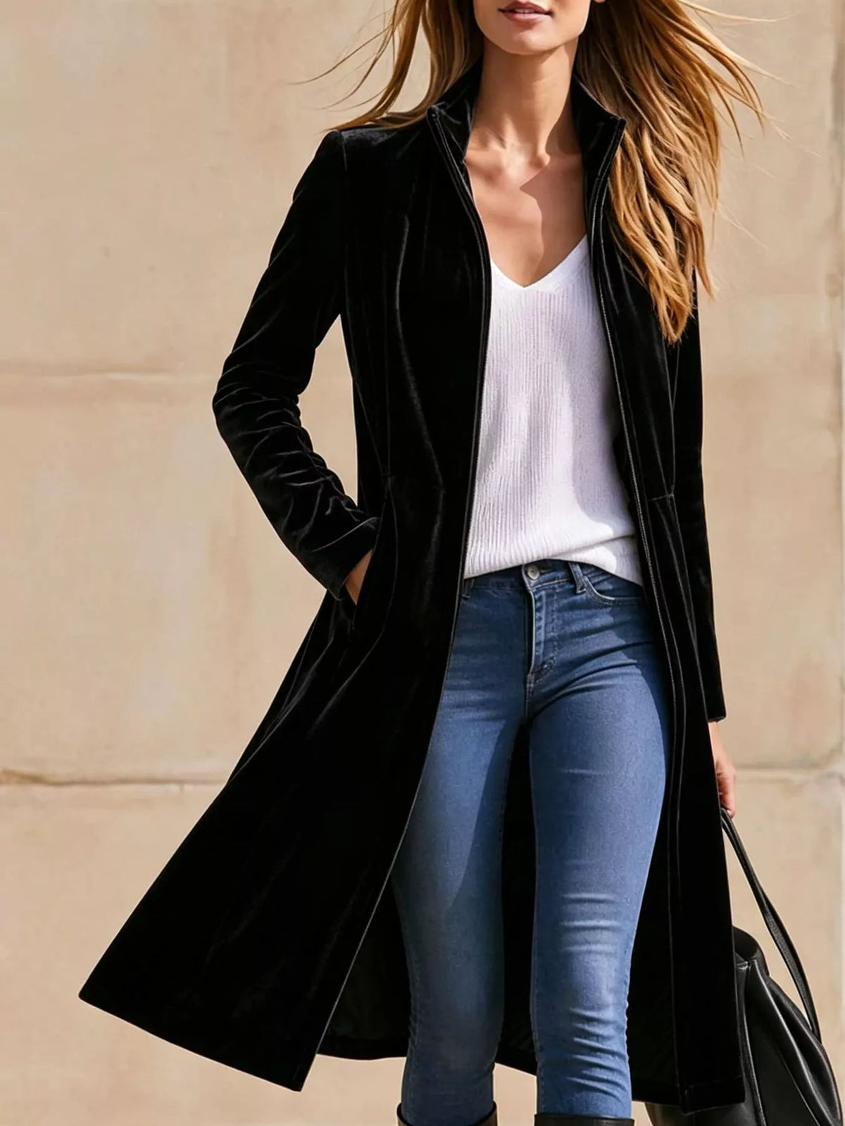 Black velvet zip-up longline jacket