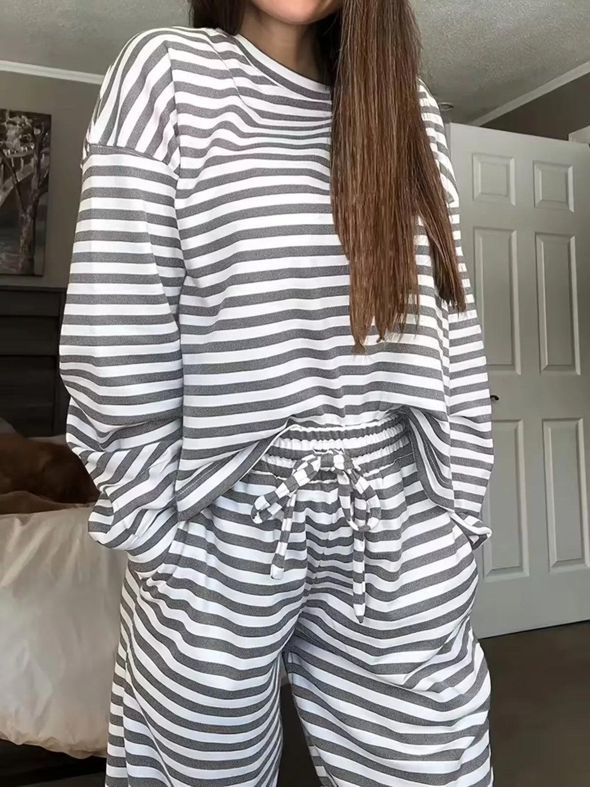 Trendsi Striped Dropped Shoulder Top and Pants Set -