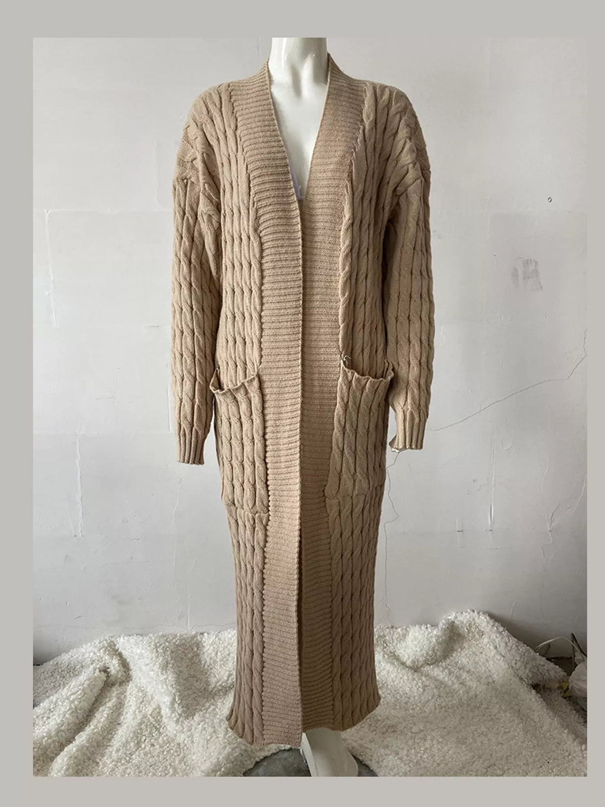 Khaki cable-knit longline open-front cardigan