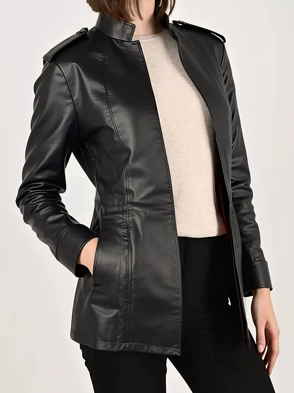 Black Long Sleeve Moto Jacket with Zip Pockets open front view