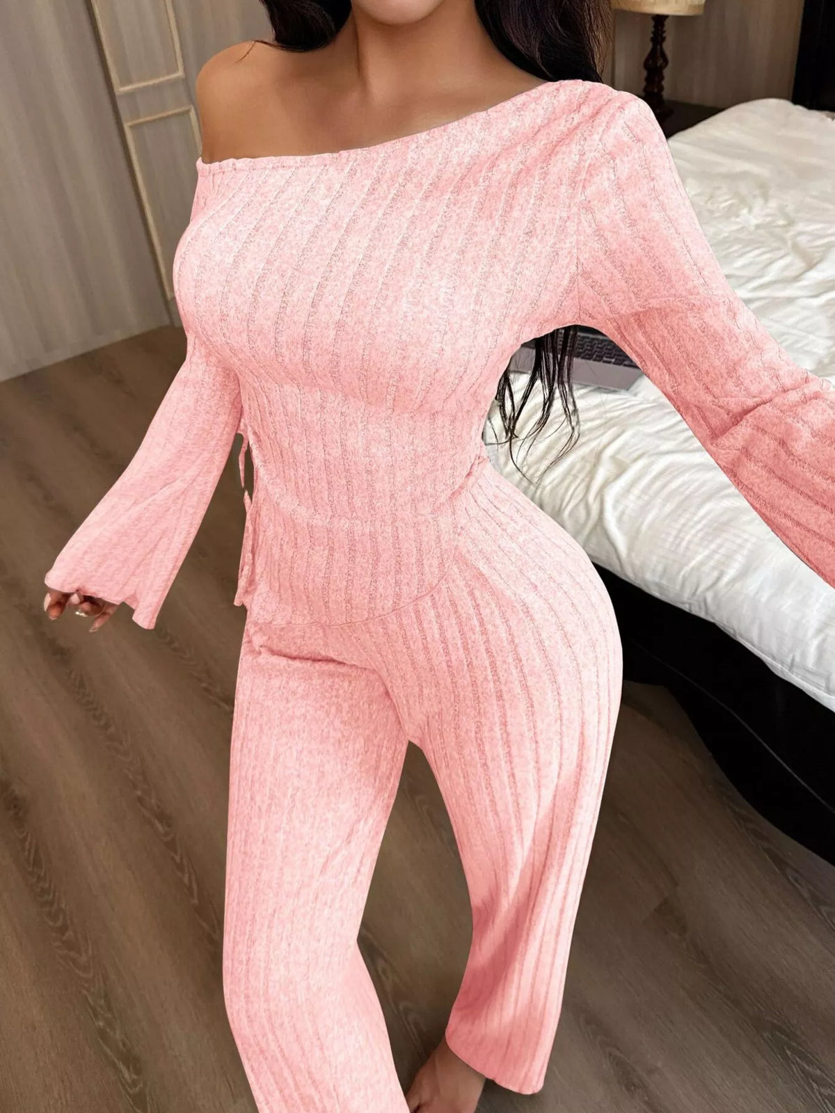 Trendsi One-Shoulder Ribbed Knit Top and Pants Set -