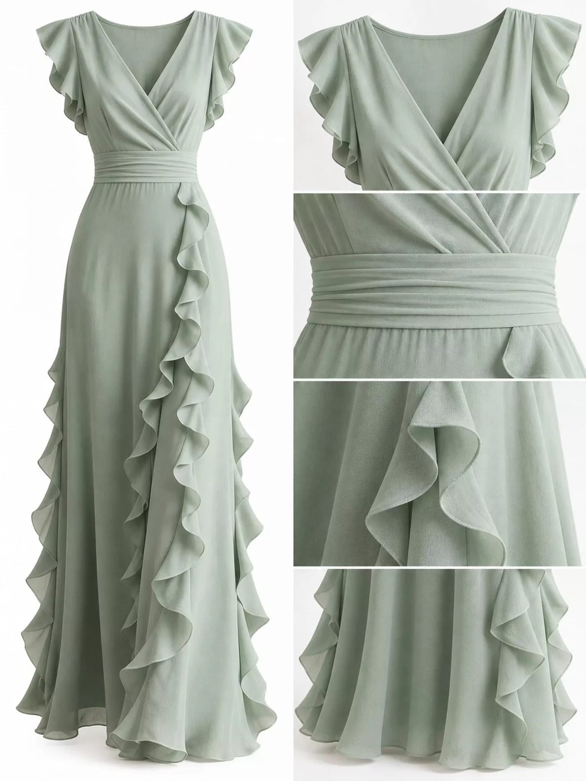 Sage green ruffled surplice maxi dress, neckline and ruffle detail collage