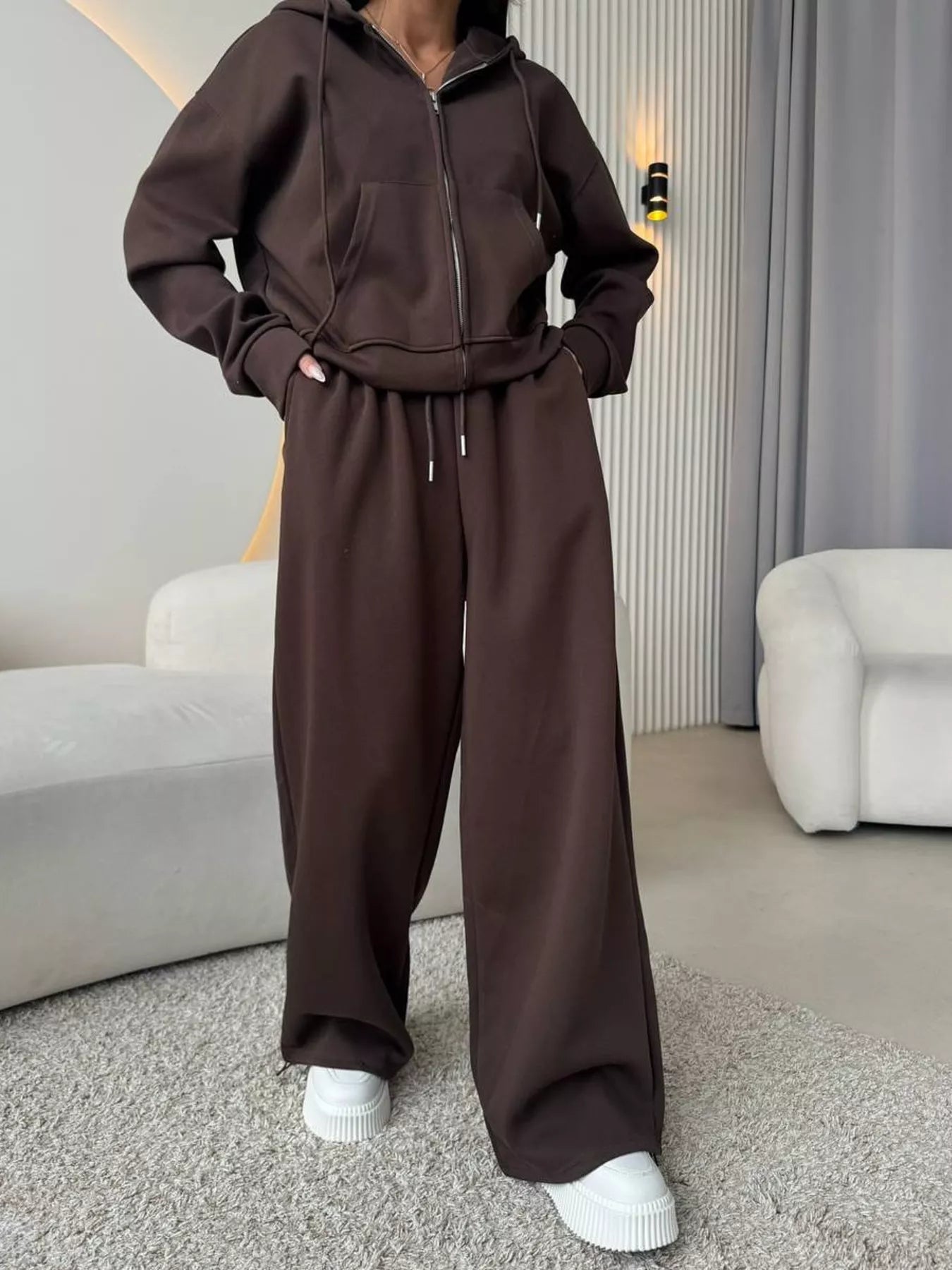 Trendsi Zip-Up Hoodie and Wide-Leg Pants Set -