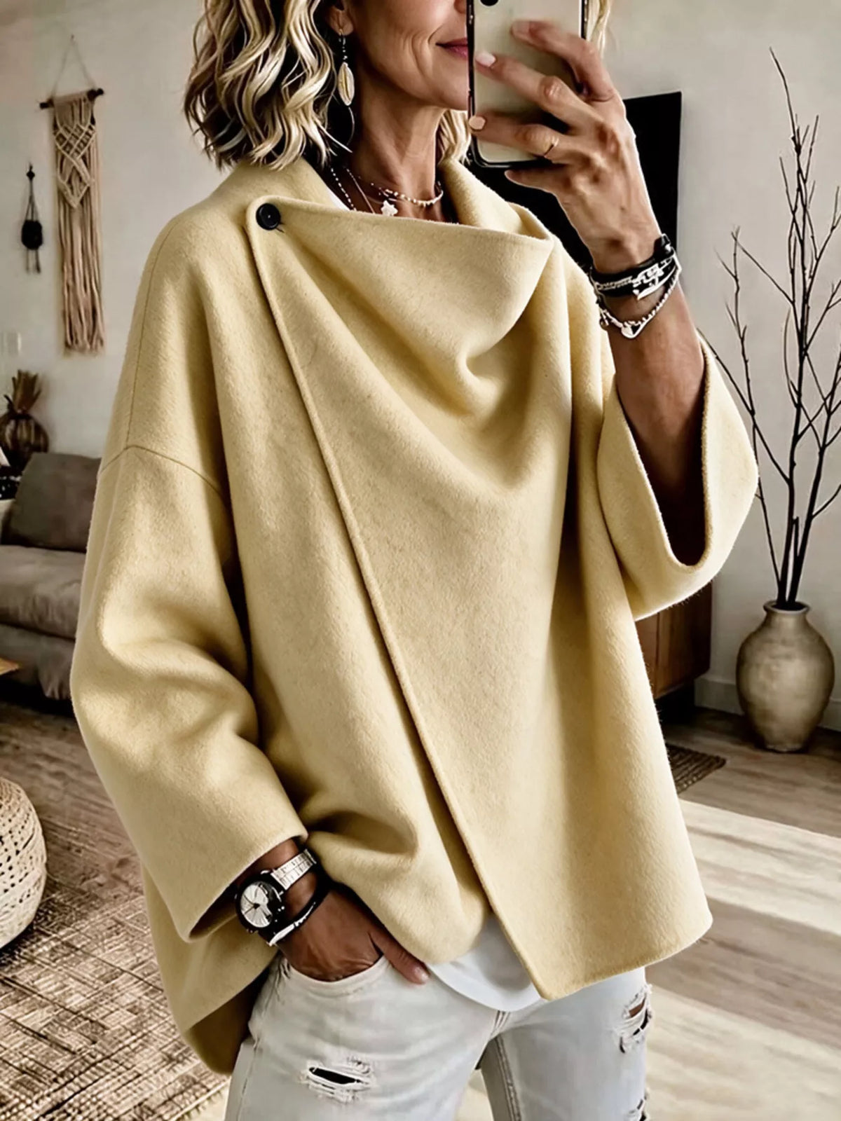 Women's Asymmetric Collar Button Detail Jacket in yellow — front view