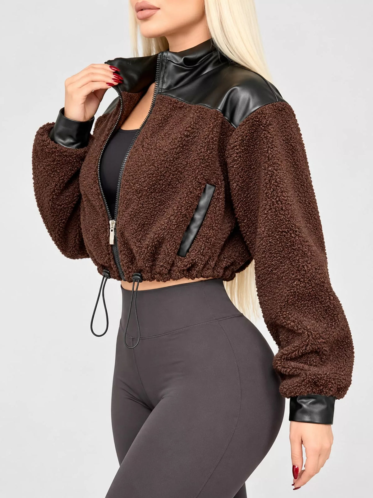 Sherpa-contrast jacket, brown angled front