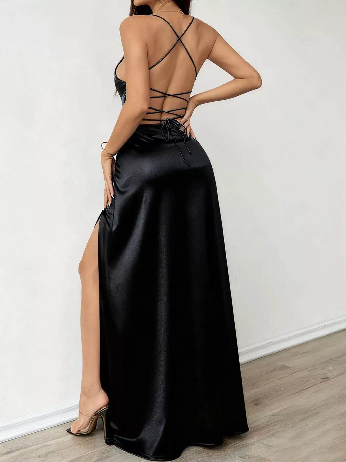 Lace-Up Back Slit Maxi Dress — back view