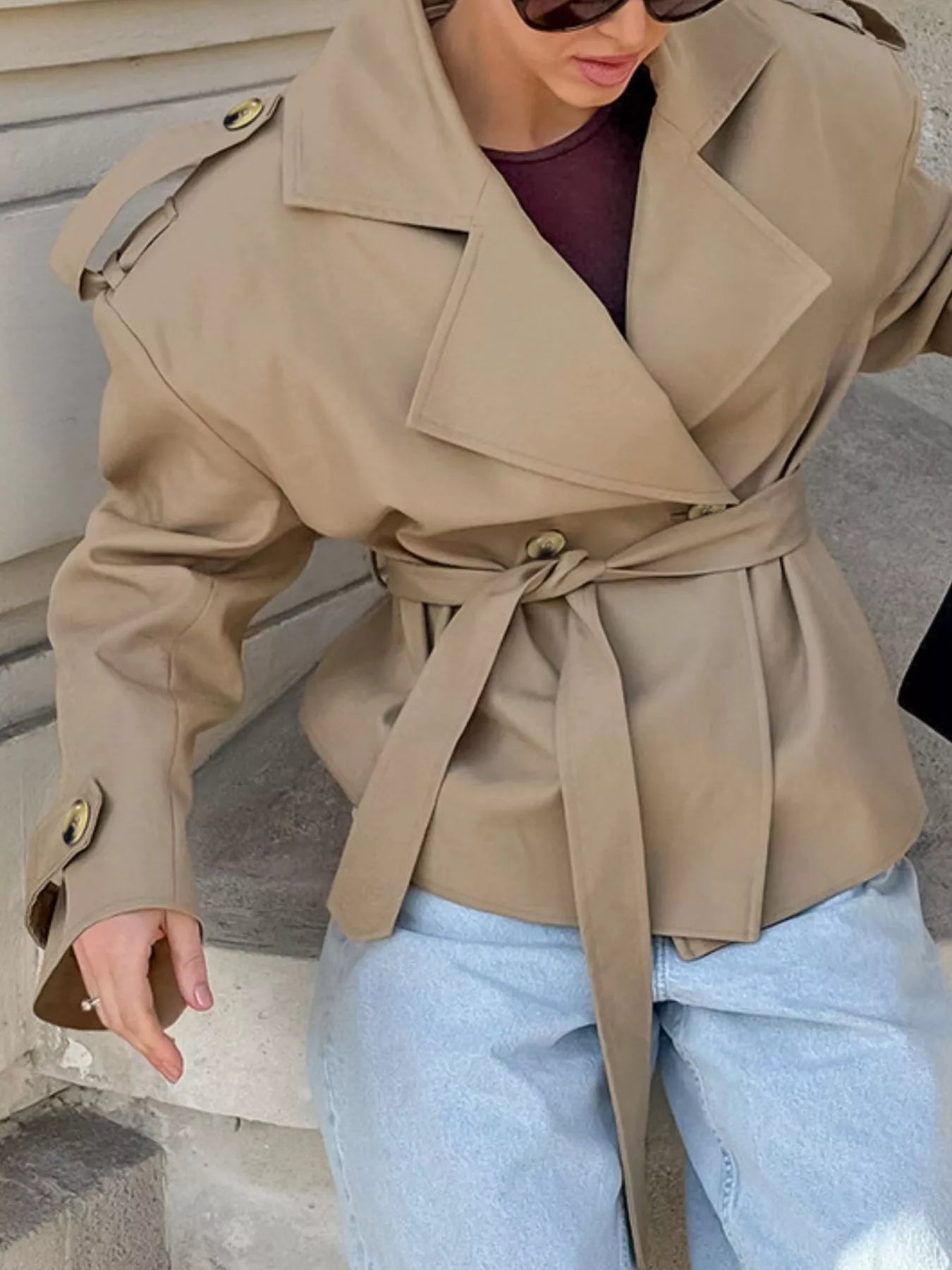 Trendsi Chic Double-Breasted Belted Trench Coat - Outerwear