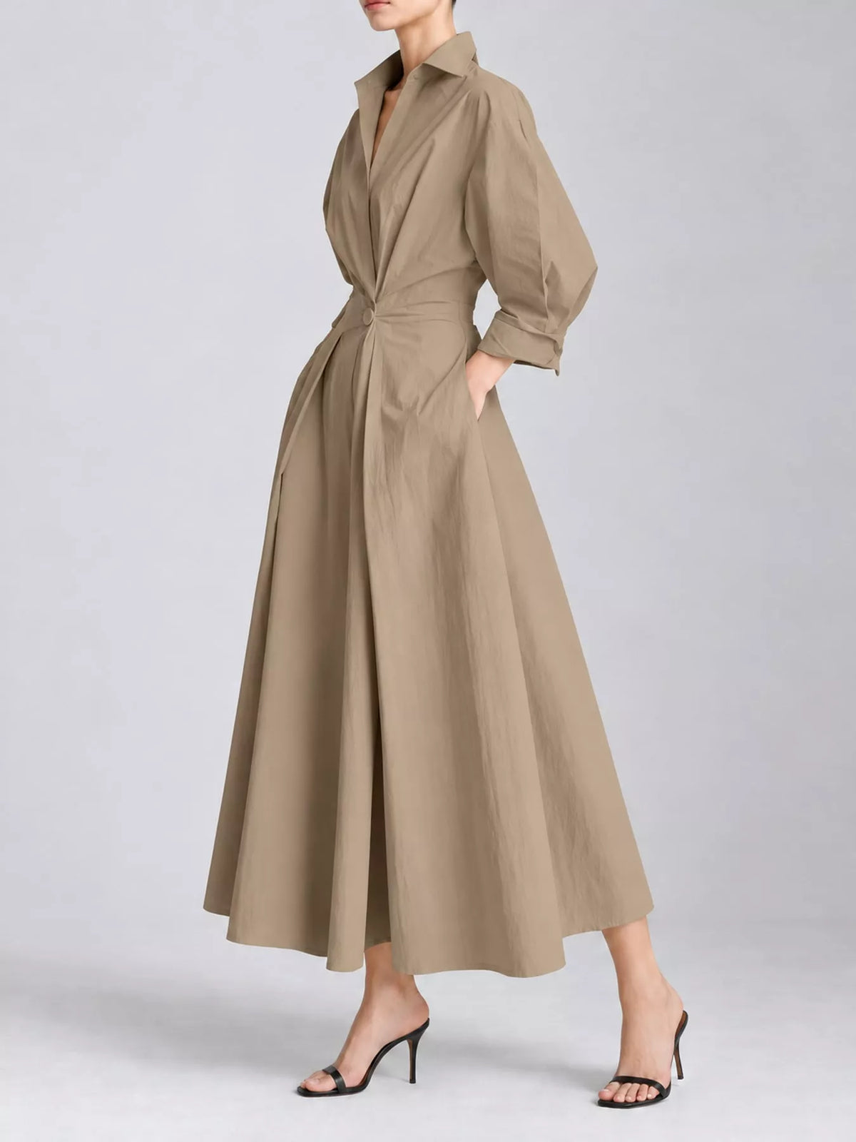 Collared Three-Quarter Sleeve Midi Shirt Dress — side view