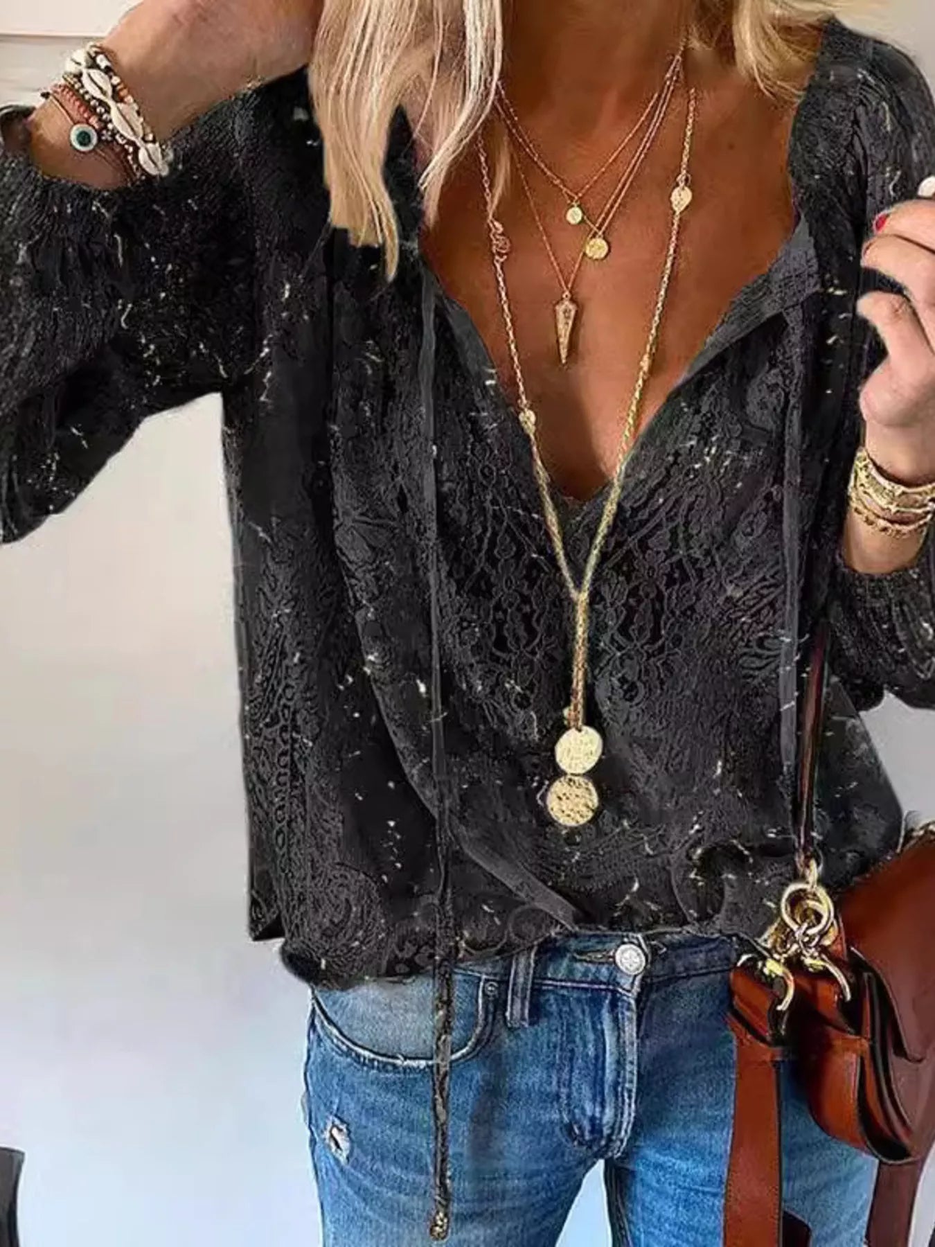 Trendsi Lace Tie Neck Long Sleeve Blouse -