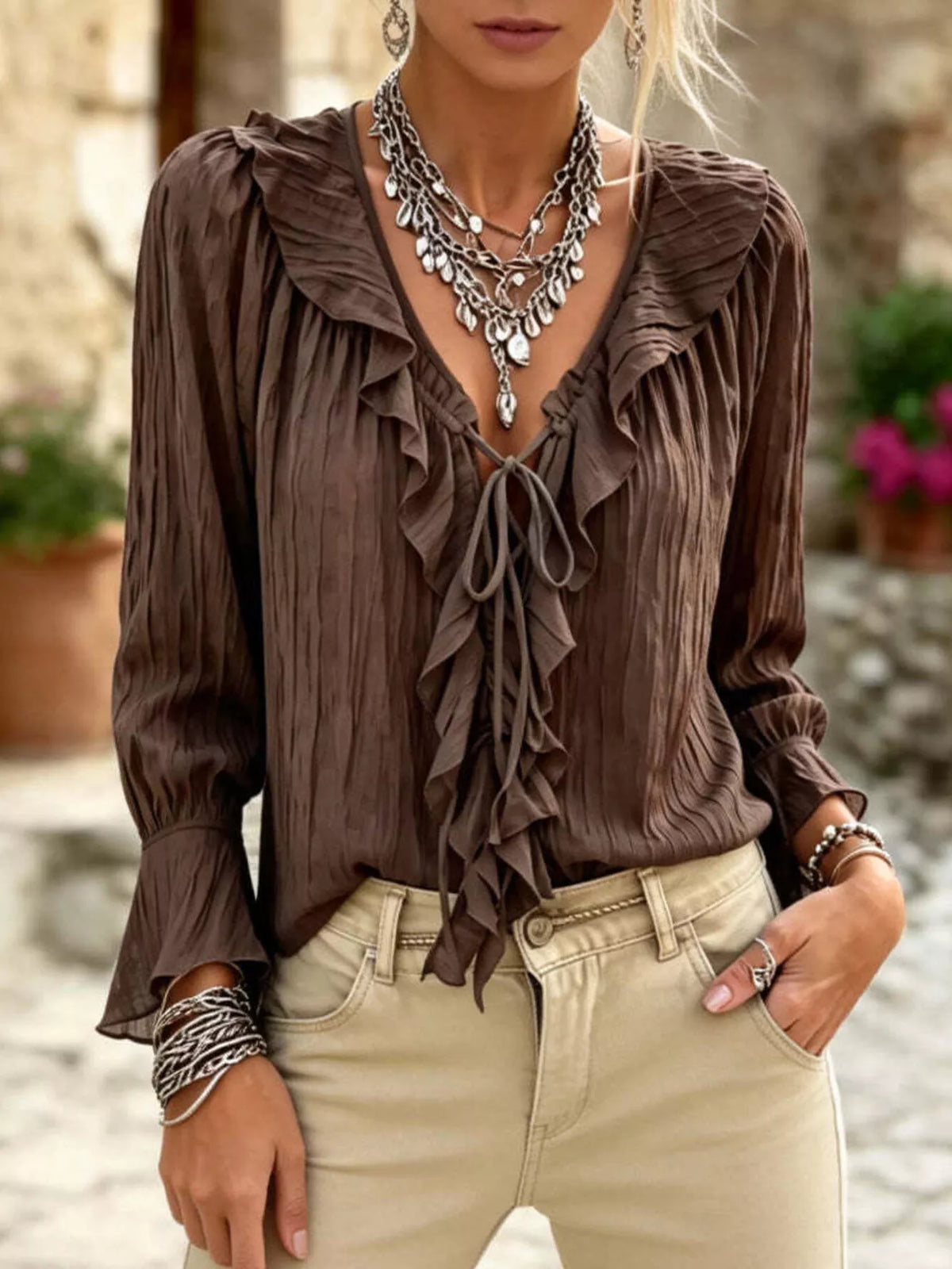 Brown Ruffled Tie Neck Long Sleeve Blouse front view