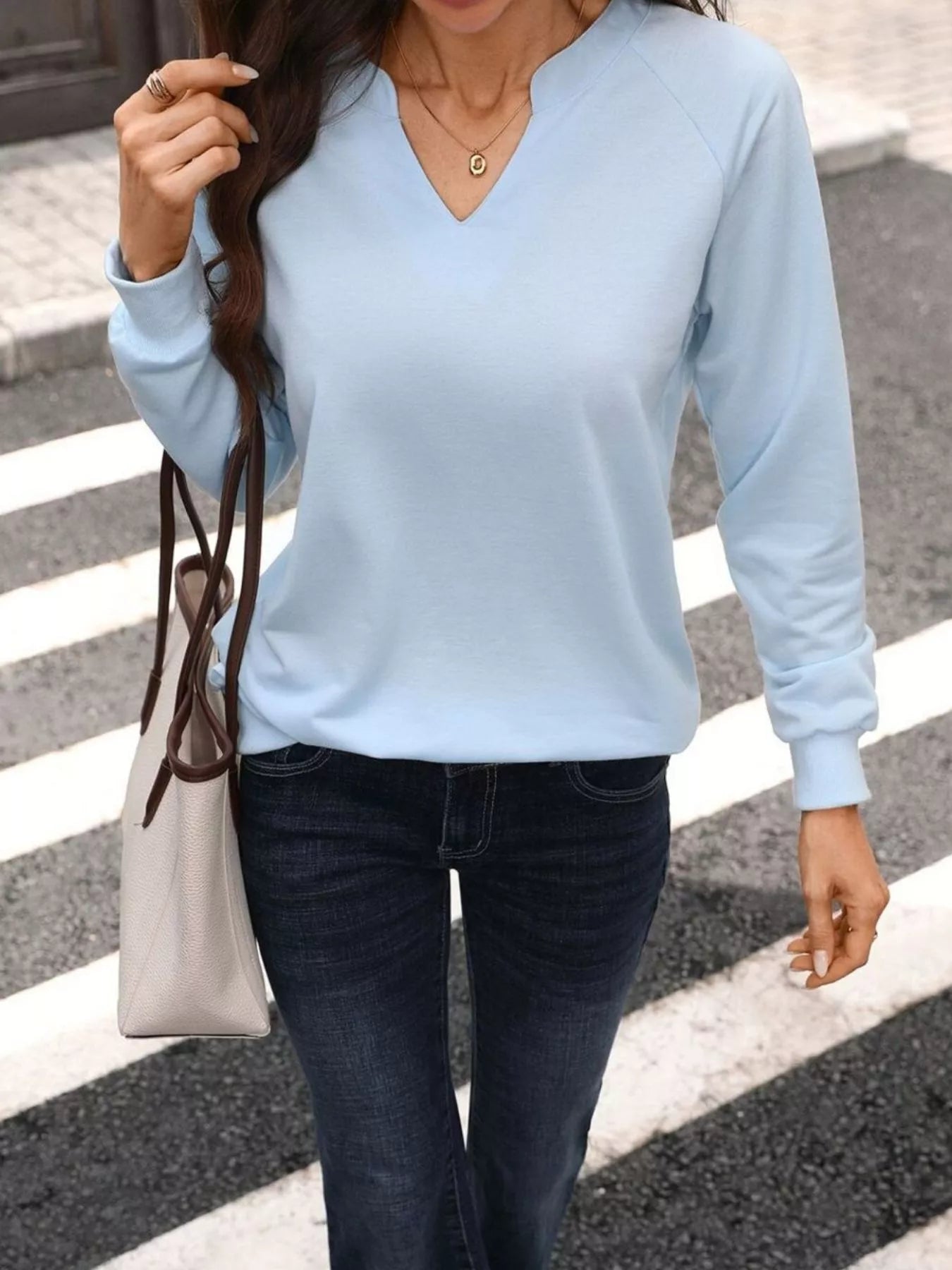 Trendsi Notched Raglan Sleeve Sweatshirt -