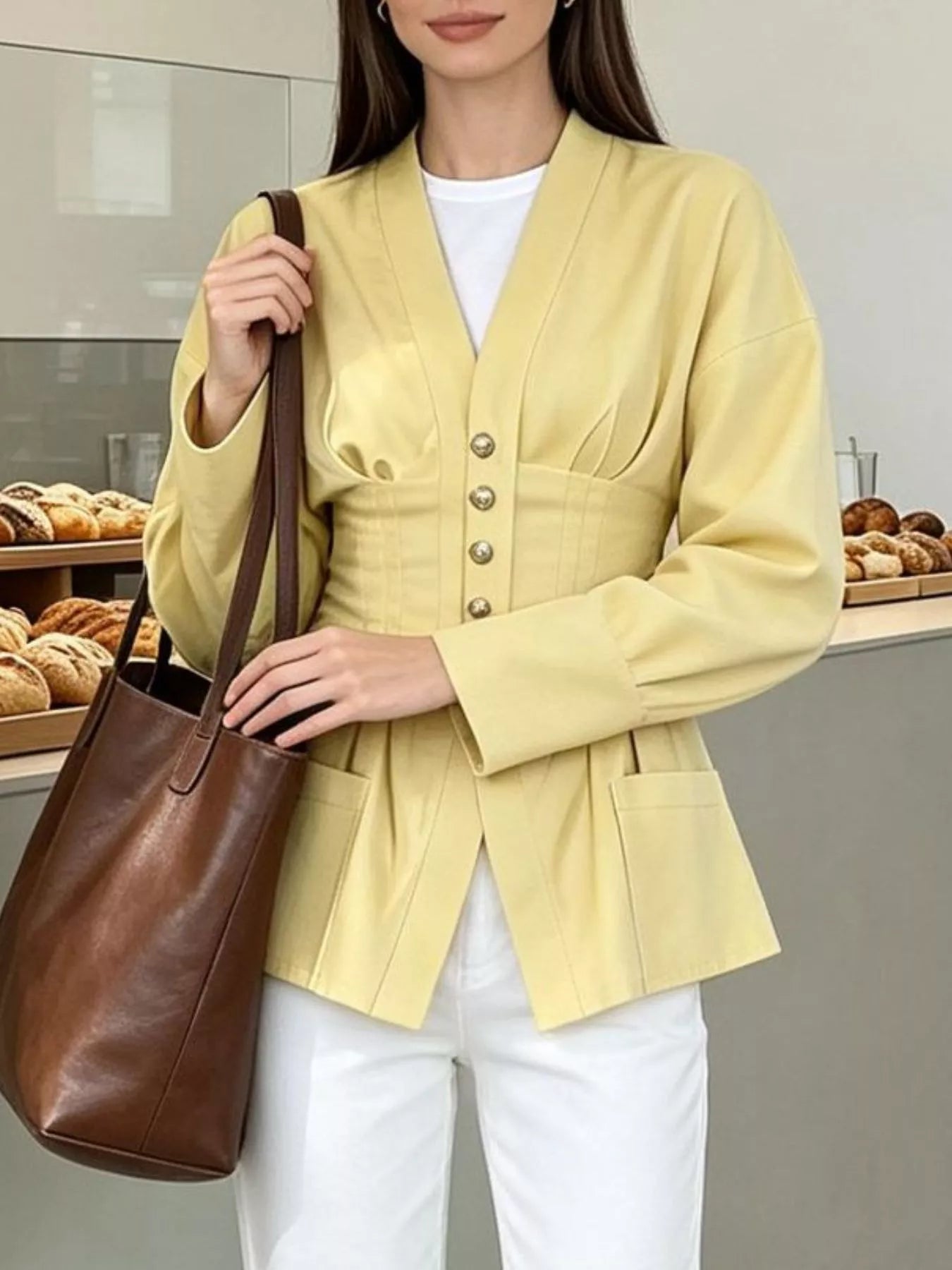 Trendsi Pleated Waist Blouse with Button Detail -