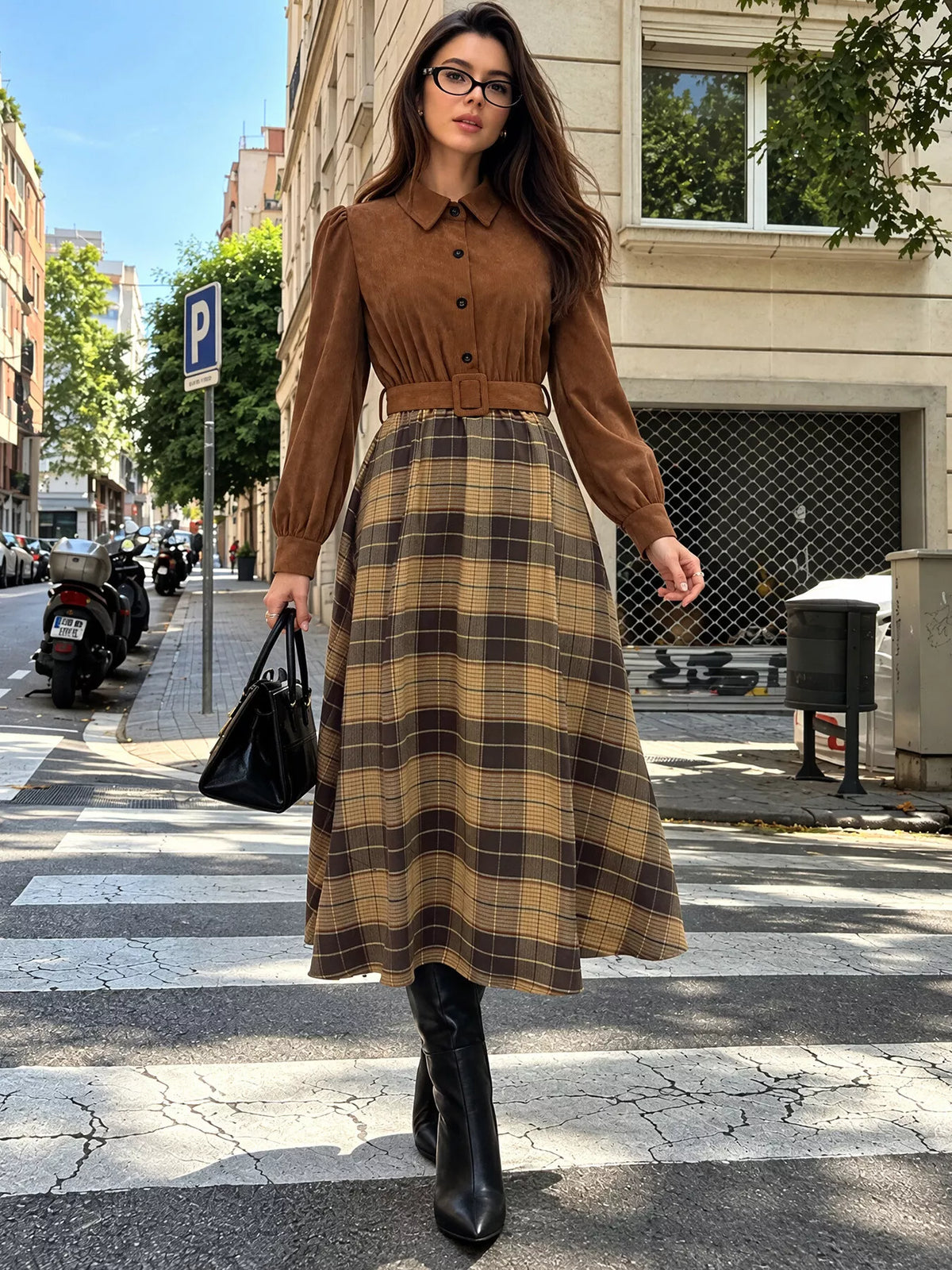 Corduroy Patchwork Plaid Midi Dress — front view