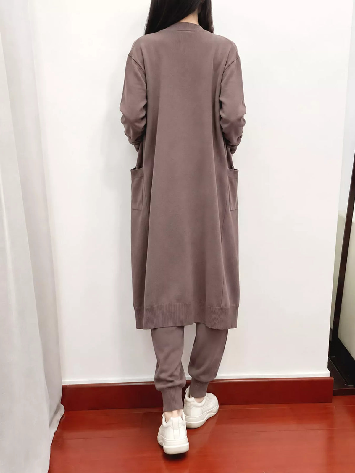 Sleeveless Top and Drawstring Joggers Sweater Set with Long Cardigan — back view