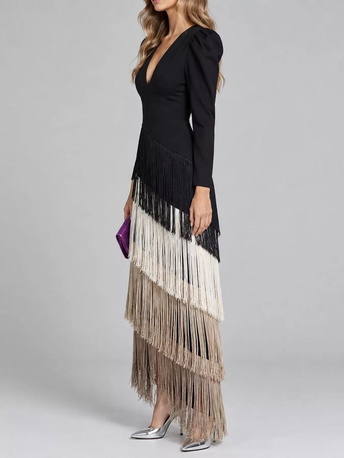 Women's Fringed V-Neck Puff Sleeve Midi Dress in black multicolor — side view