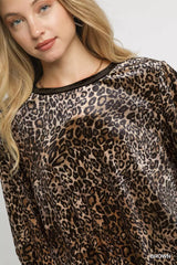 Trendsi Umgee Leopard Round Neck Three-Quarter Sleeve Blouse - Shirts