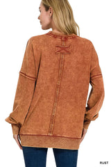 Trendsi Zenana Acid Wash Raw Edge French Terry Sweatshirt with Front Pocket -