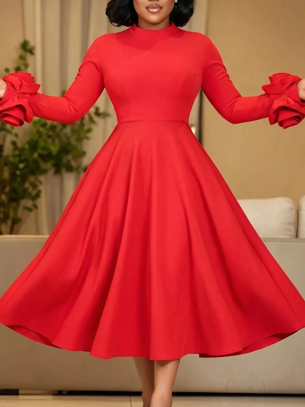 Mock neck long sleeve midi dress, front view on model