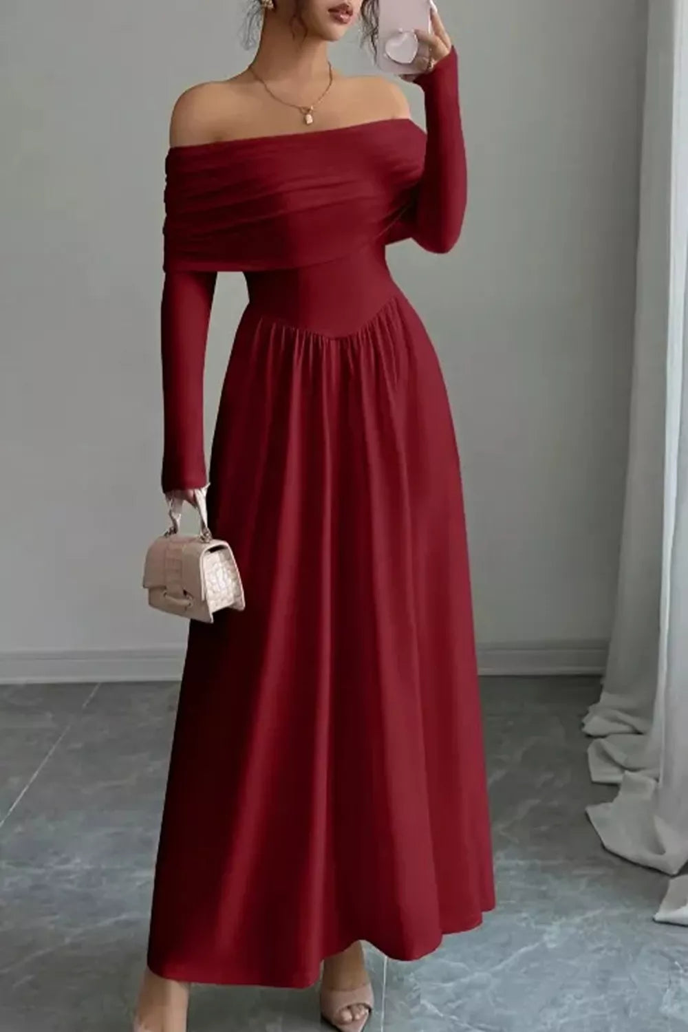 Trendsi Off-Shoulder Ruched Bodycon Maxi Dress -