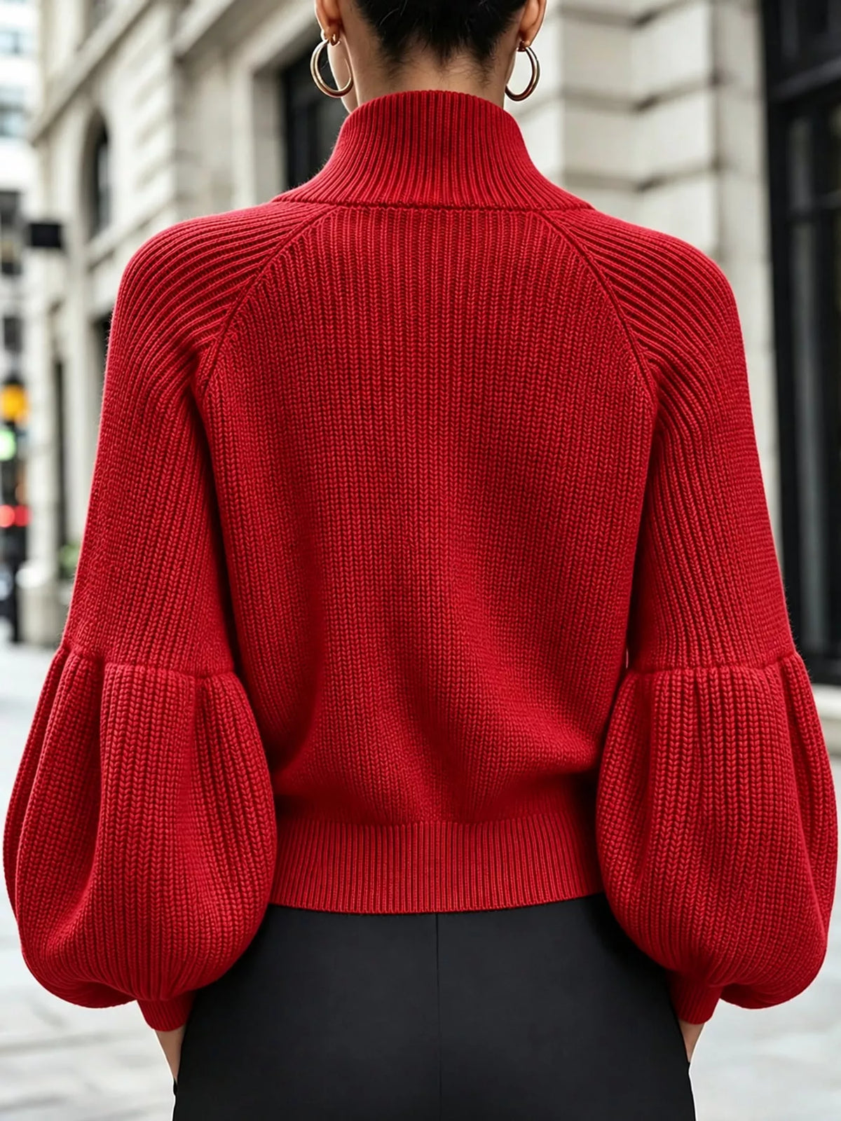Red ribbed knit zip-up lantern sleeve cardigan, back view