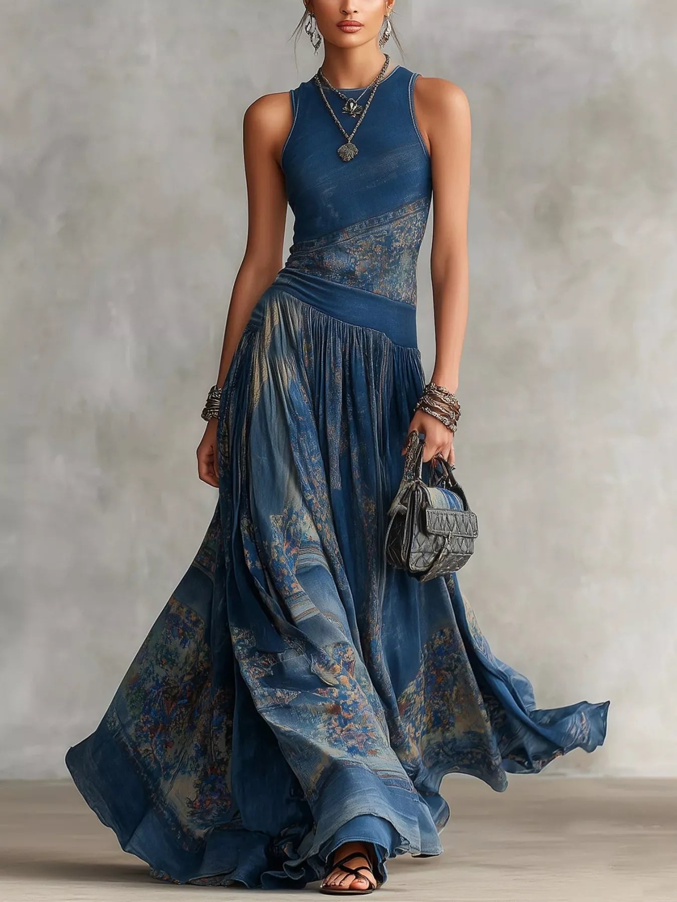 Trendsi Printed Round Neck Sleeveless Maxi Dress -