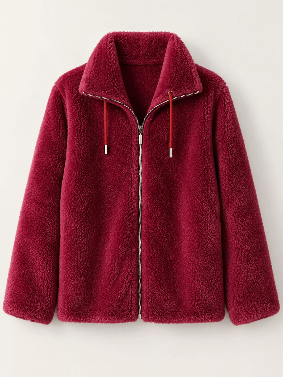 Faux-fur jacket, burgundy flat lay