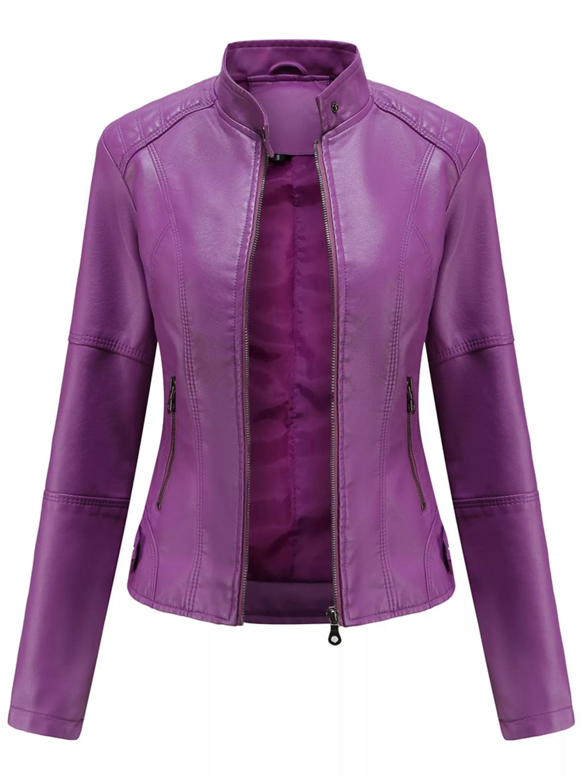 Faux-leather moto jacket, purple open front
