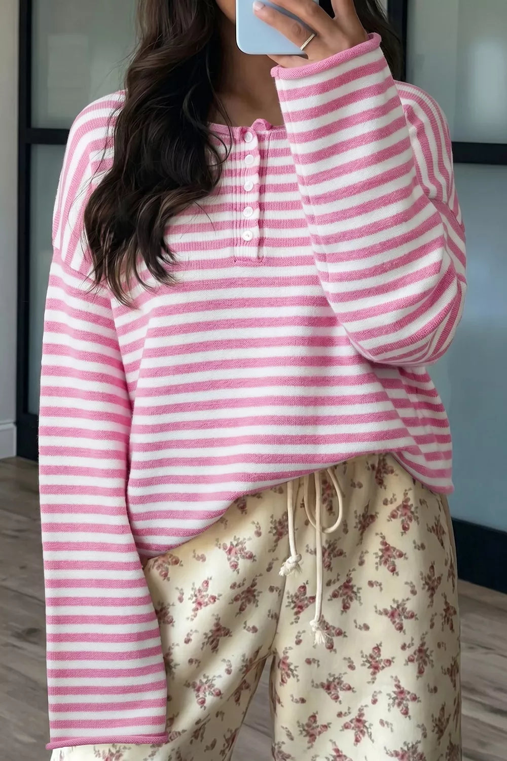 Trendsi Striped Button Placket Drop Shoulder Long Sleeve Sweater -