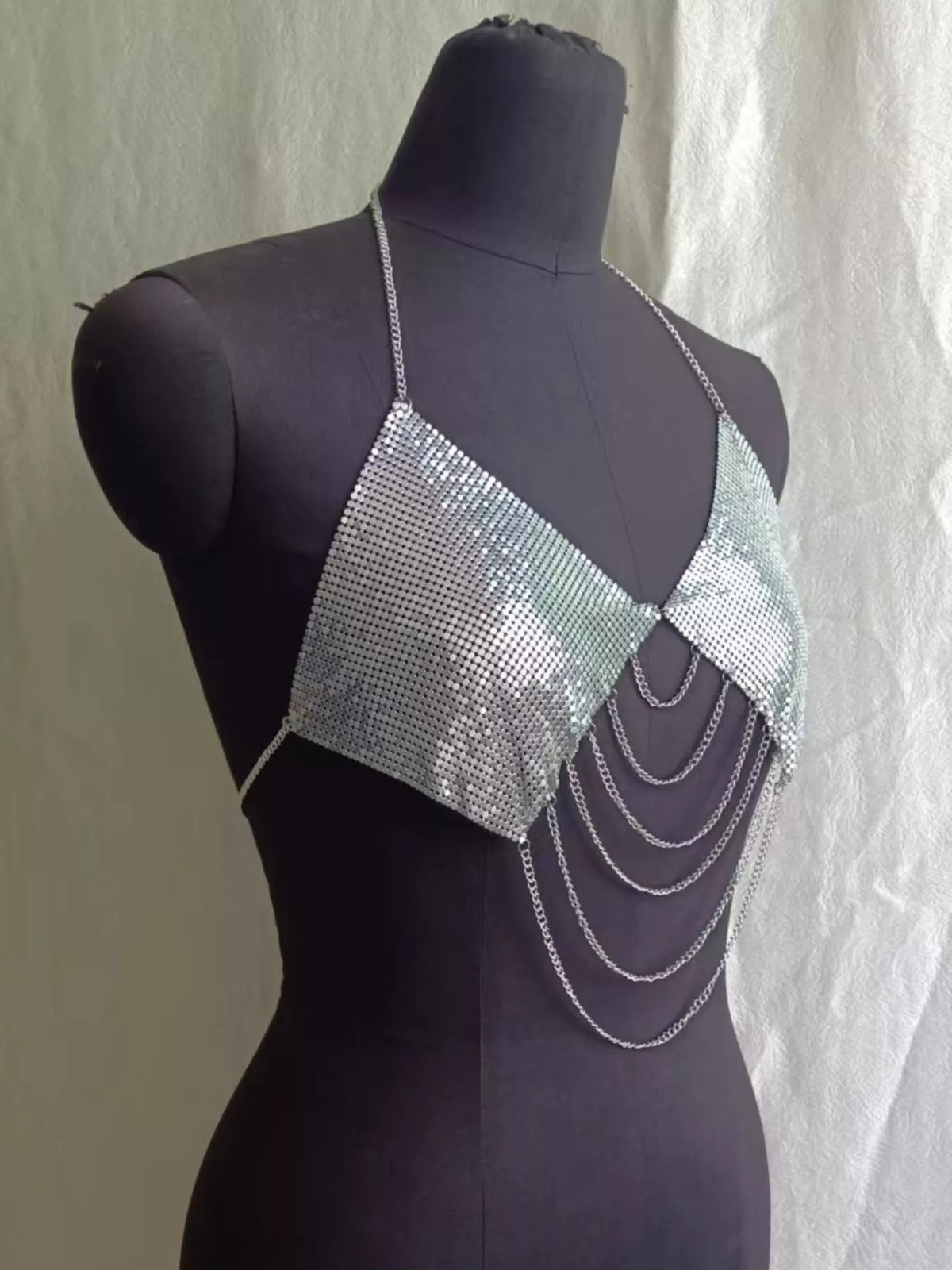 Silver metallic chainmail halter cami top, side view