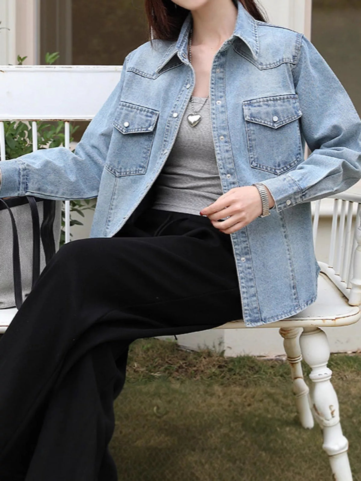 Snap Down Cropped Denim Shacket in blue