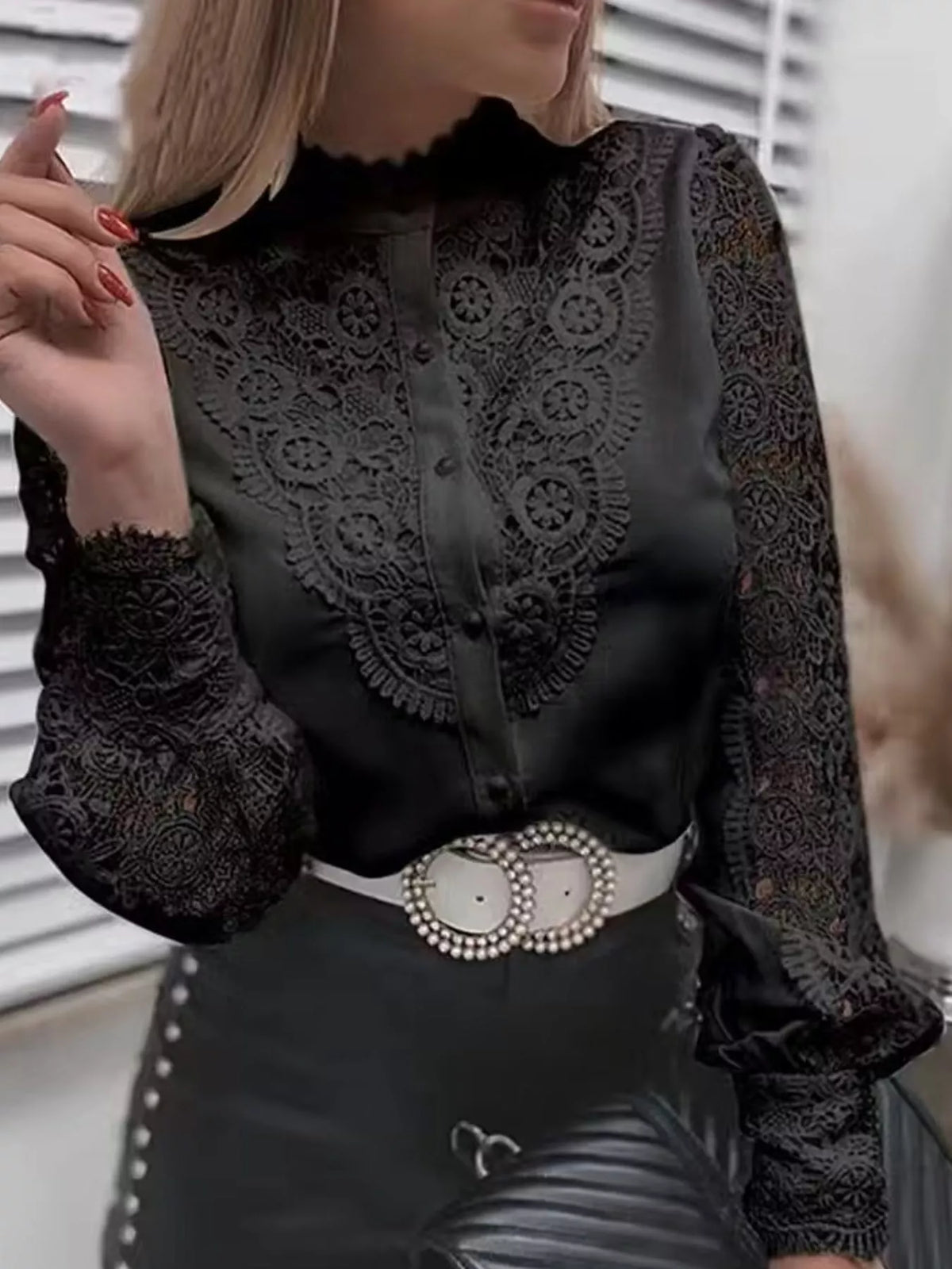 Black lace-trim shirt with long sleeves