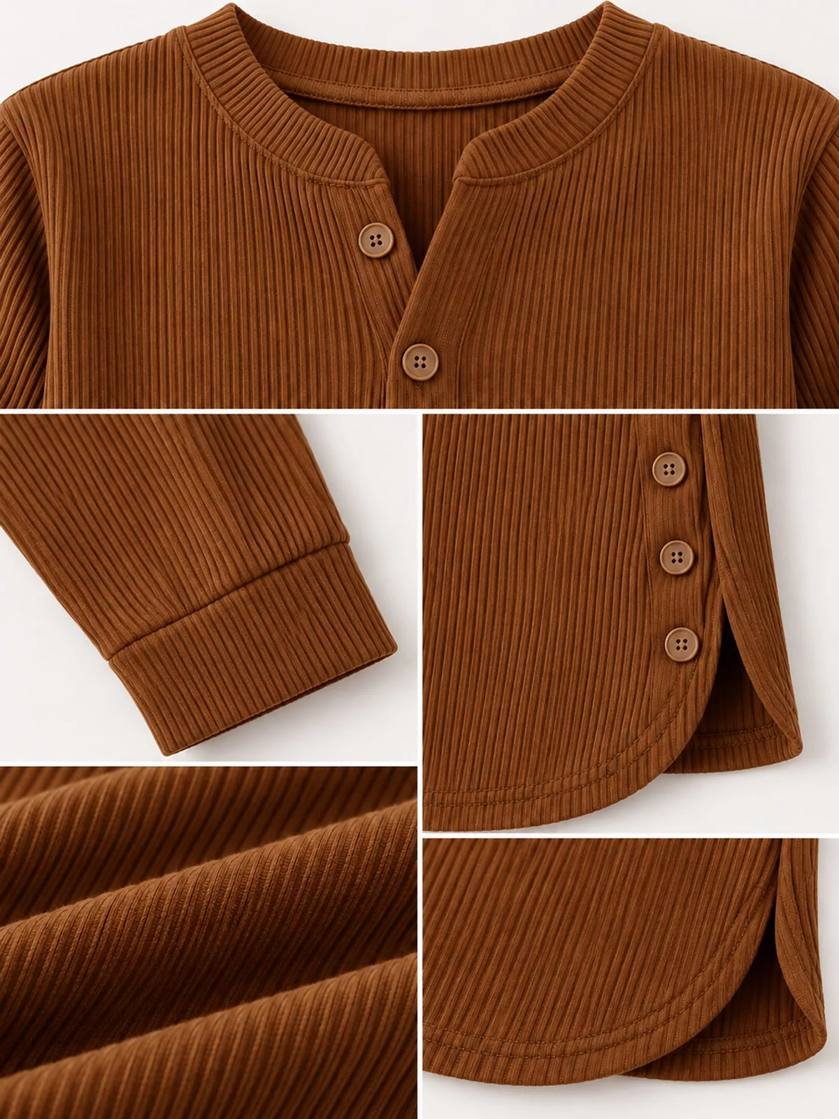 Chestnut brown button detail long sleeve top, detail view