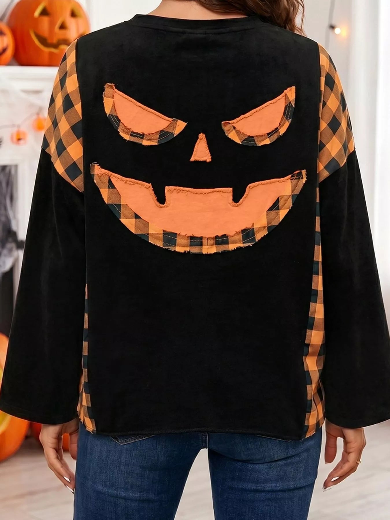 Trendsi Patchwork Plaid Pumpkin Face Long Sleeve Top -