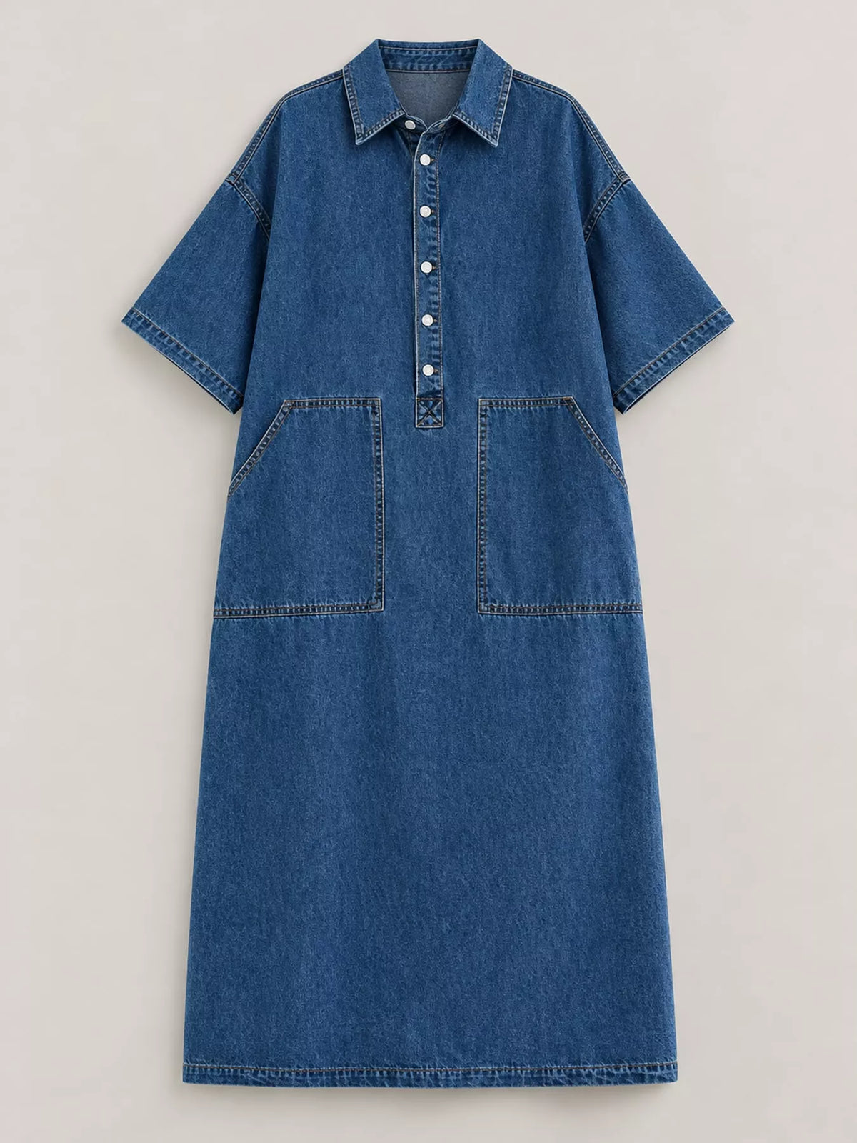 Blue button front denim shirt dress, front view