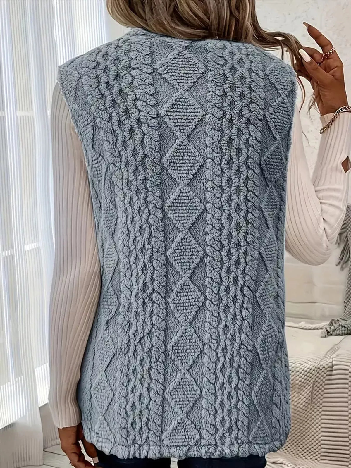 Blue-gray sherpa open front vest coat, back view