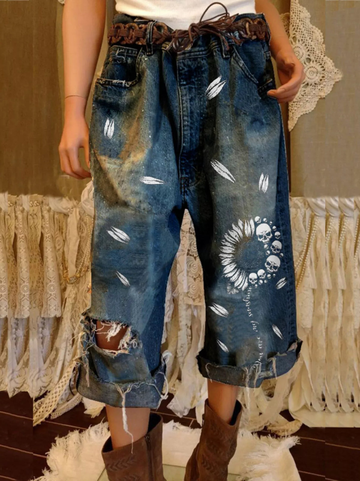 Trendsi Full Size Distressed Skull Print Jeans Plus Size -