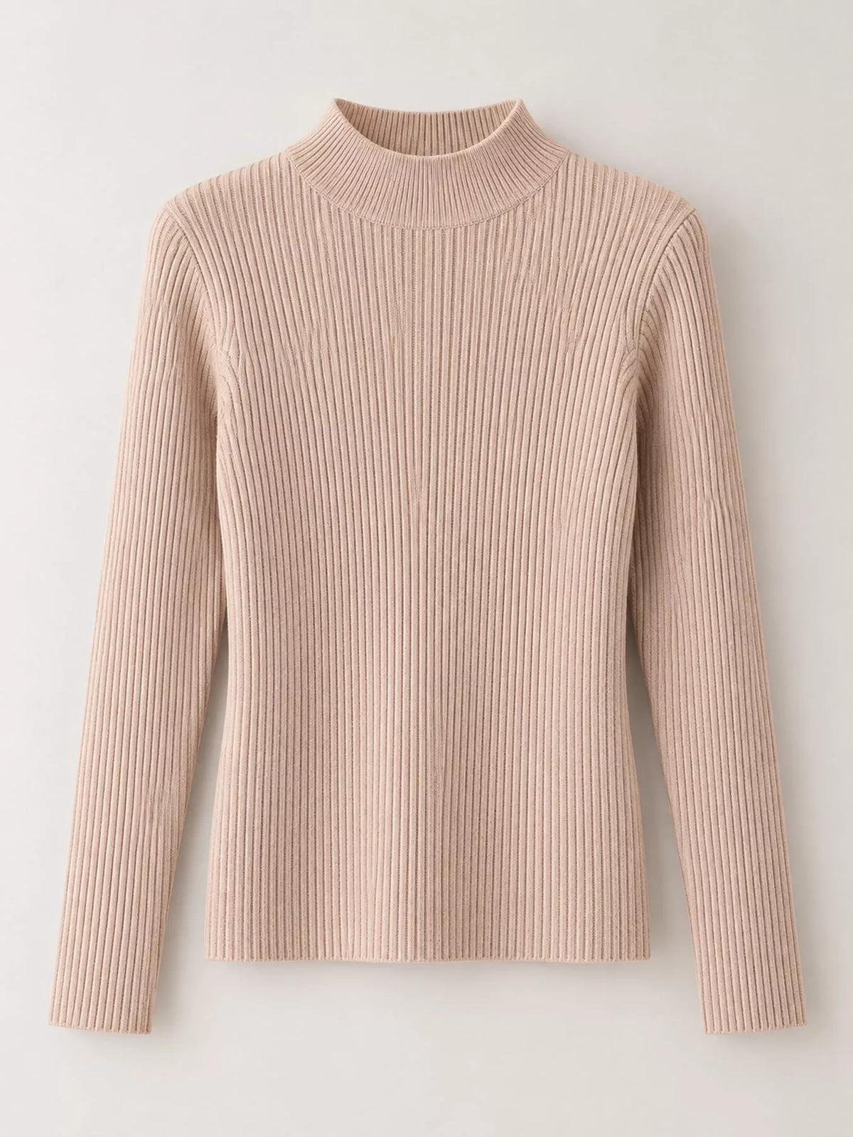 Beige ribbed mock neck long sleeve knit top