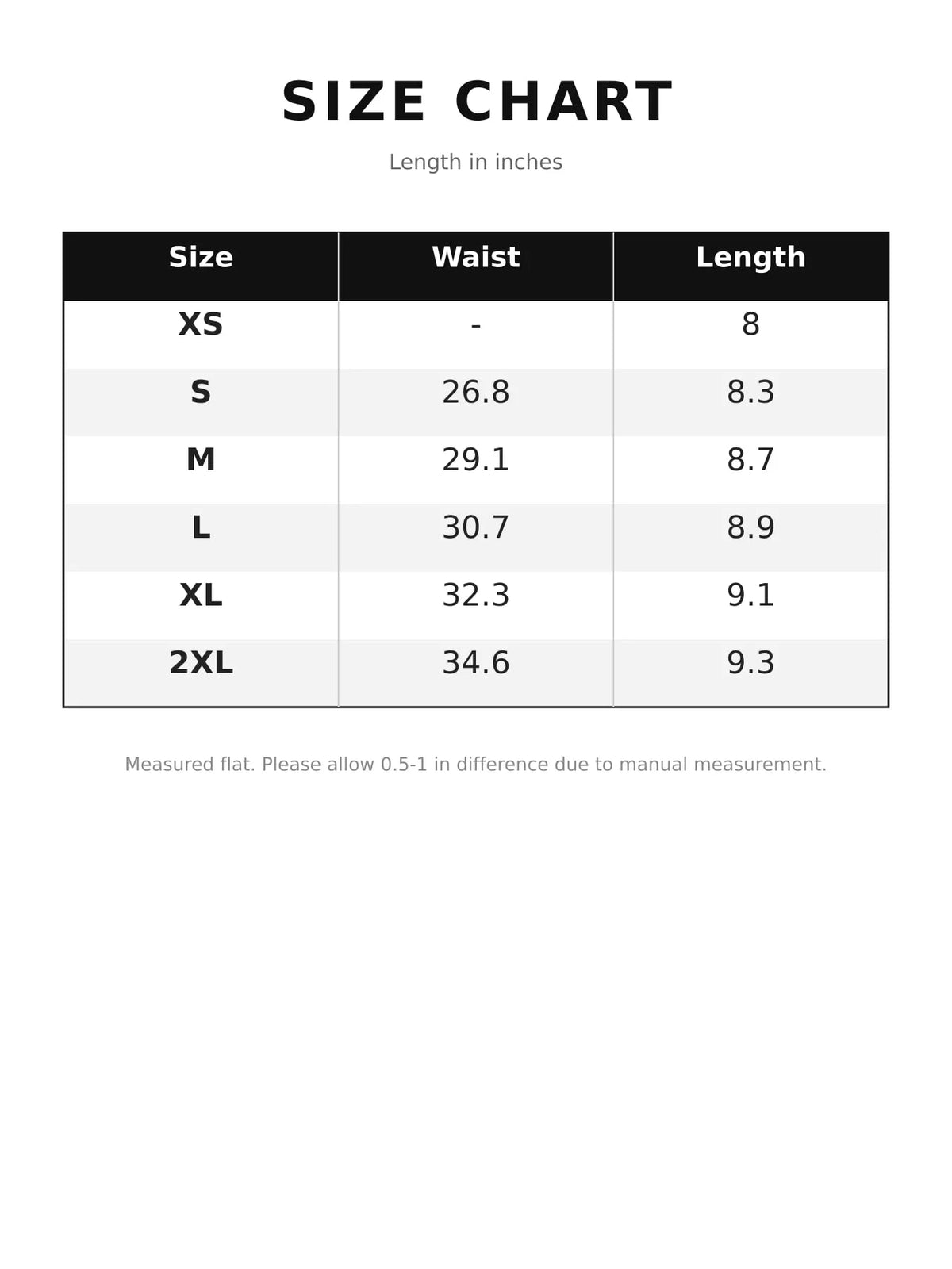 Size chart for pleated micro skirt