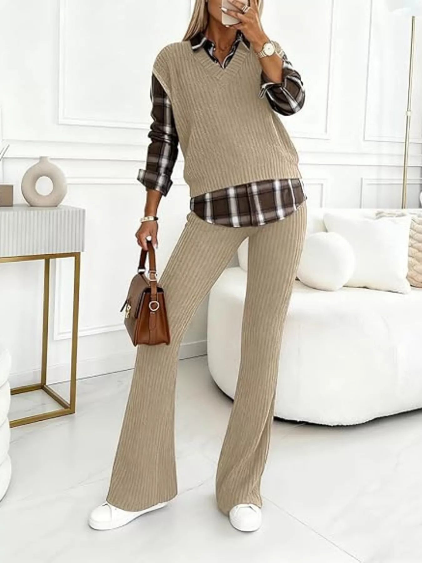 Trendsi Ribbed Knit Plaid Sleeve Top & Pants Set -