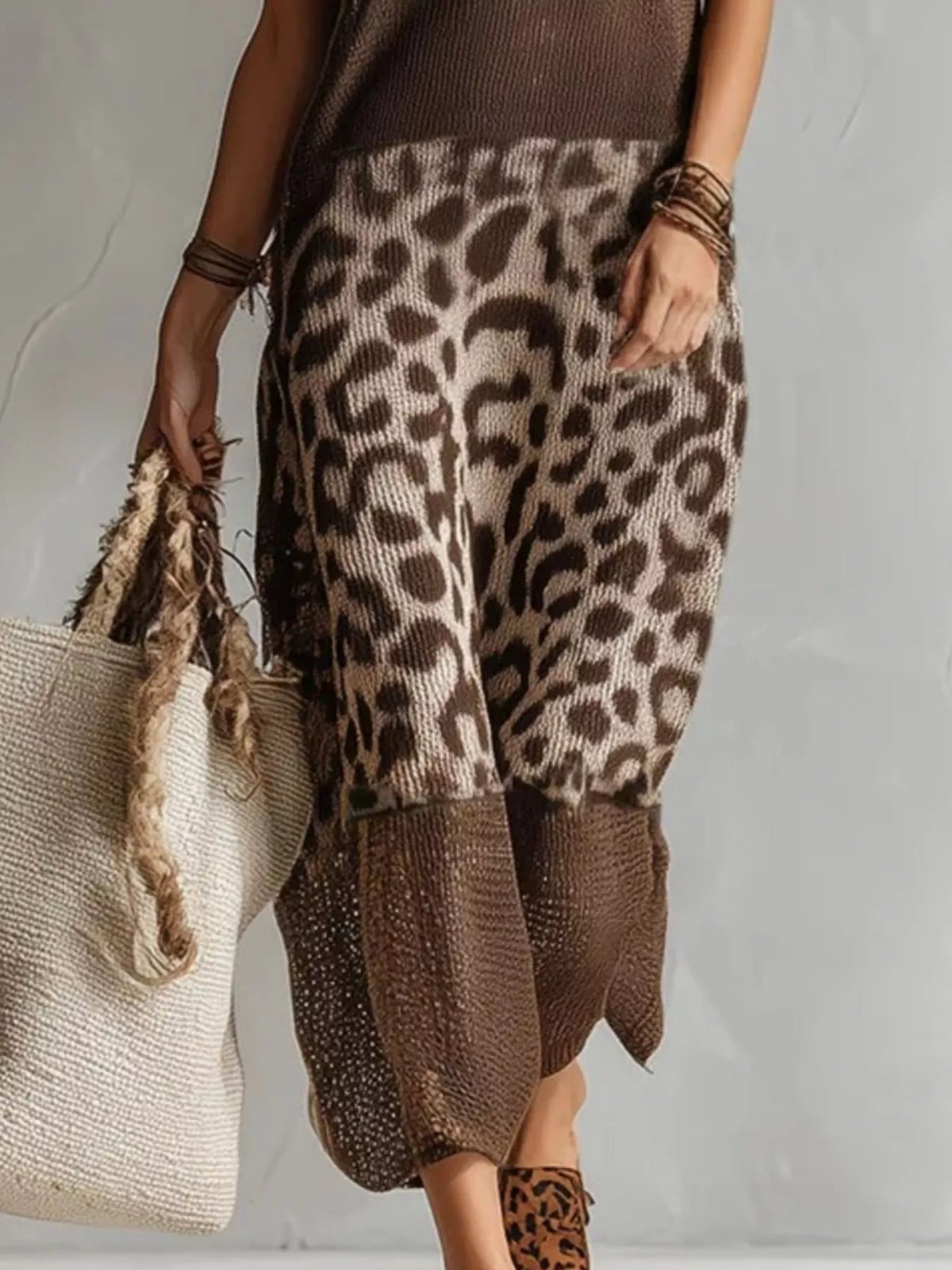 Trendsi Full Size Sleeveless Color-Block Leopard Sweater Dress Plus Size -
