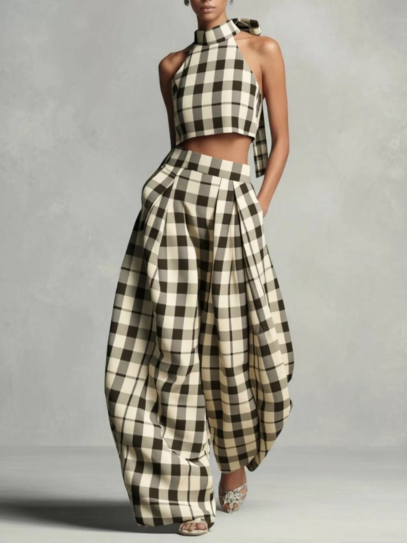 Plaid halter crop top and wide-leg pants set