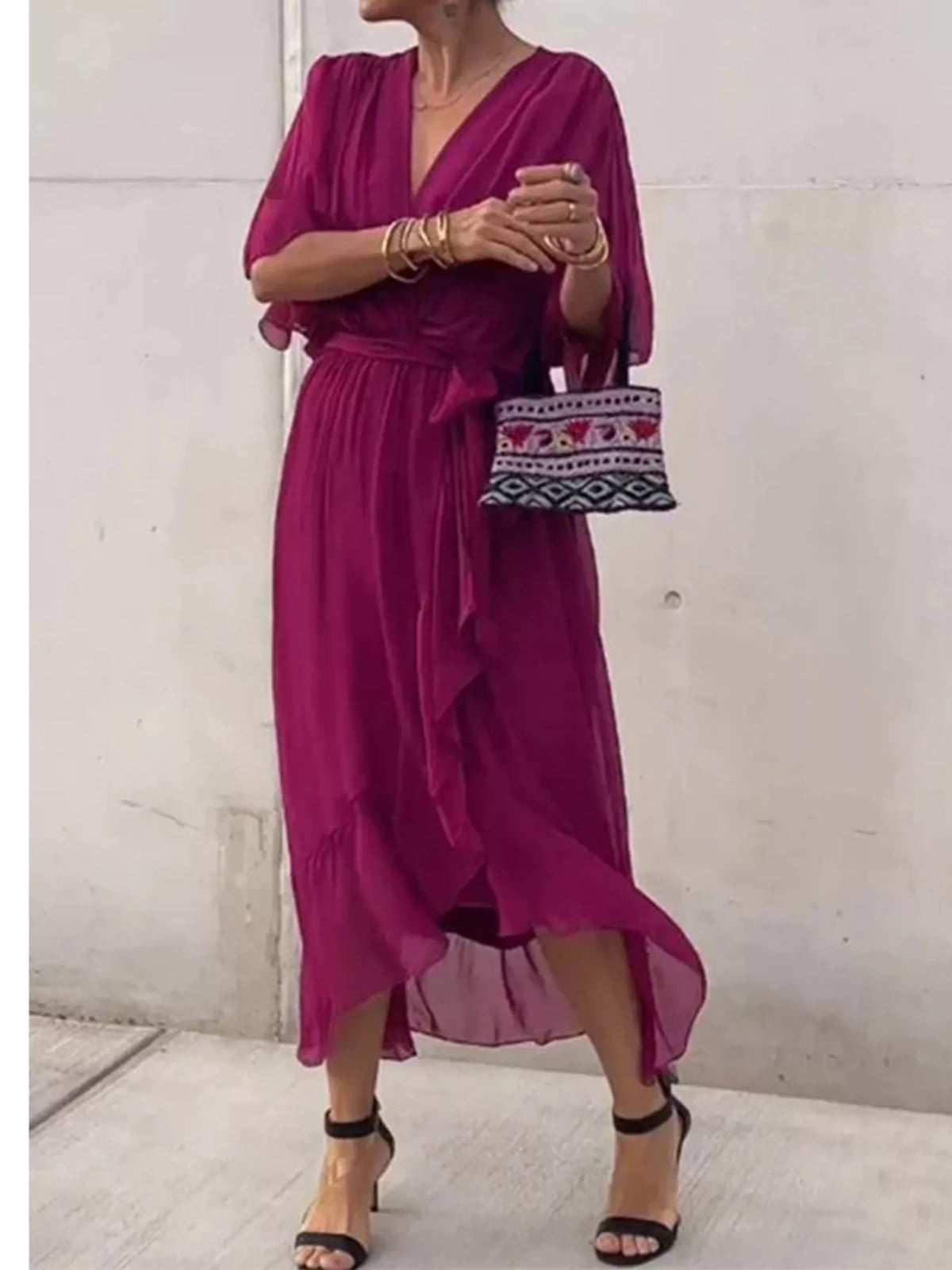 Magenta batwing sleeve wrap dress with waist tie, front view