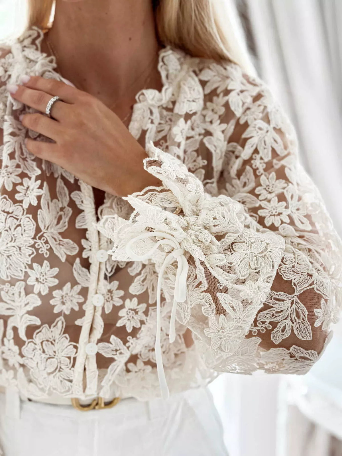 Cream sheer floral lace long sleeve shirt, lace and cuff tie details