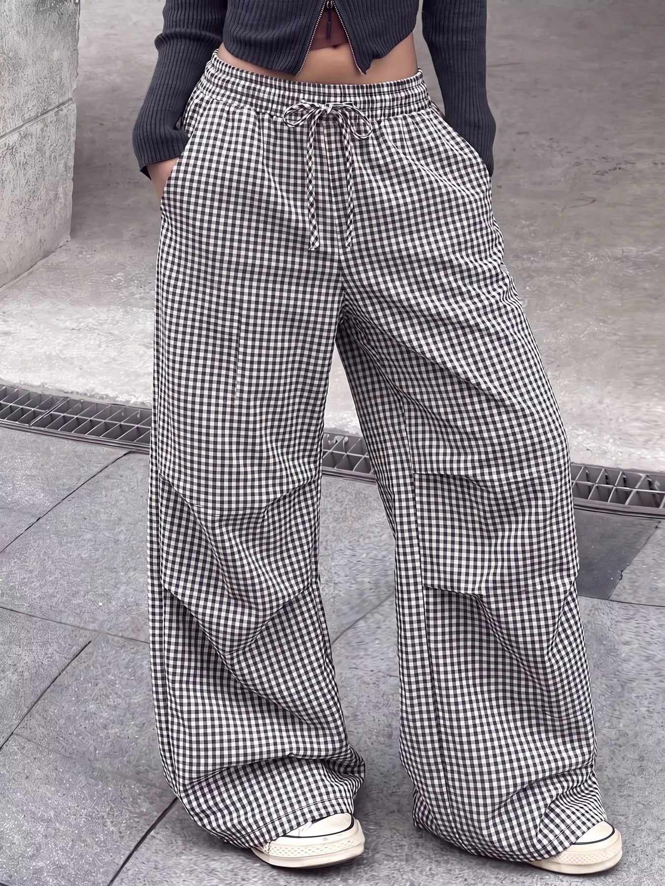 Trendsi High-Waisted Gingham Wide-Leg Drawstring Pants -